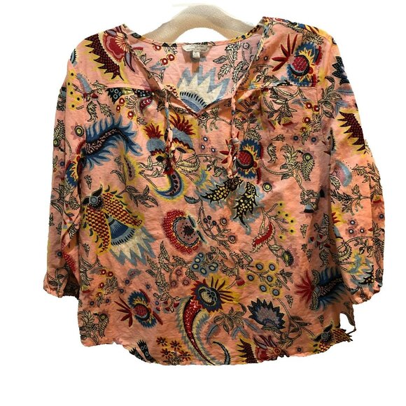 Linen Blend Hester & Orchard Size XL 3/4 sleeve Pink Floral Boho Top Shirt - Picture 1 of 10
